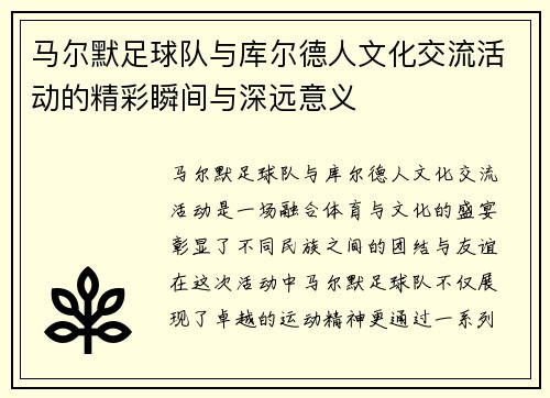 马尔默足球队与库尔德人文化交流活动的精彩瞬间与深远意义